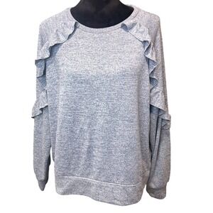Soft Feminine Gray Blue Heathered Ruffle Sweater Pullover XL Elevated Loungewear